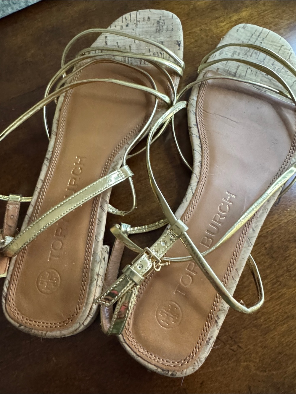 Tory Burch Metallic Gold Strappy Cork Sandals